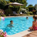 Une belle piscine familiale équipée d'une alarme visible, où des enfants jouent joyeusement autour, illustrant l'importance de la sécurité