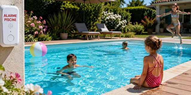 Une belle piscine familiale équipée d'une alarme visible, où des enfants jouent joyeusement autour, illustrant l'importance de la sécurité
