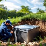 Installation d'une fosse septique moderne dans un jardin résidentiel. Découvrez les coûts et aides en 2026 pour votre projet d'assainissement non collectif