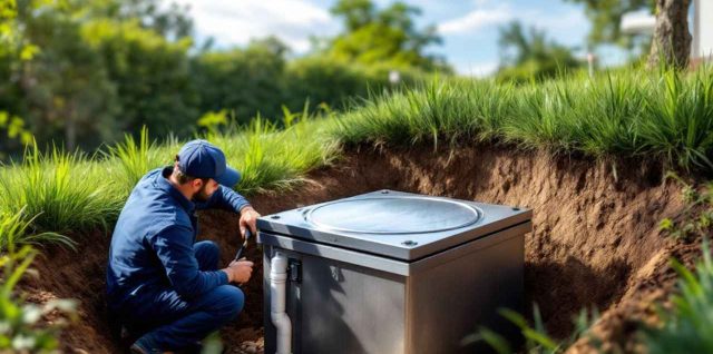 Installation d'une fosse septique moderne dans un jardin résidentiel. Découvrez les coûts et aides en 2026 pour votre projet d'assainissement non collectif