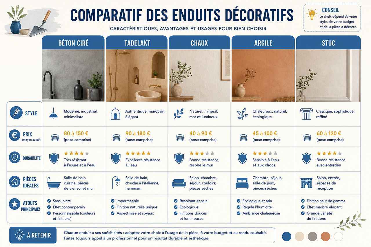 Infographie : comparez les enduits décoratifs (béton ciré, tadelakt, chaux, argile, stuc) pour choisir celui qui vous convient
