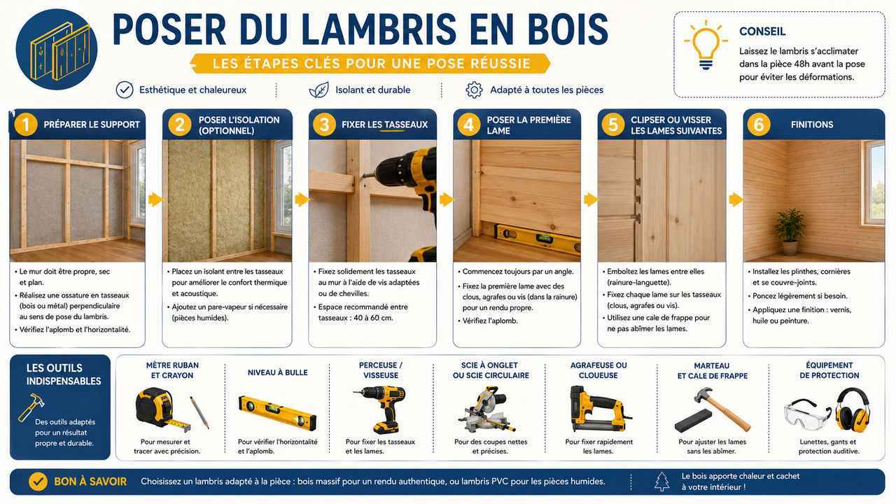 Infographie sur les étapes de pose de lambris en bois, incluant les outils et techniques recommandés
