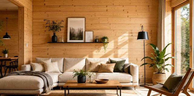 Un intérieur chaleureux avec des murs en lambris en bois, apportant une touche naturelle à la décoration