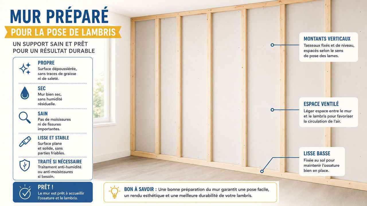 Mur préparé pour la pose de lambris, illustrant l'importance d'un support sain et propre