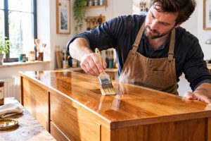 Un artisan appliquant soigneusement du vernis sur un meuble en bois, illustrant la technique d'application