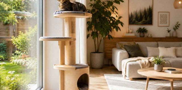 Un chat tigré détendu observant l'extérieur depuis la plateforme la plus haute d'un arbre à chat en bois minimaliste, placé stratégiquement à côté d'une grande fenêtre lumineuse dans un salon de style scandinave pour satisfaire son instinct d'observateur