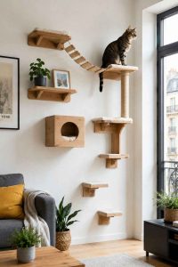Un arbre à chat mural optimisé pour les petits espaces, offrant des plateformes pour grimper