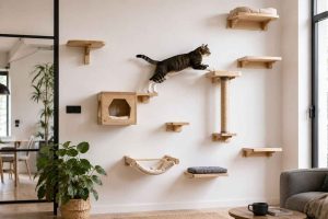Un parcours d'escalade mural et modulable pour chat, composé d'étagères flottantes en bois clair, d'un griffoir en sisal intégré et d'un hamac mural, illustrant une solution gain de place dans un intérieur lumineux et moderne