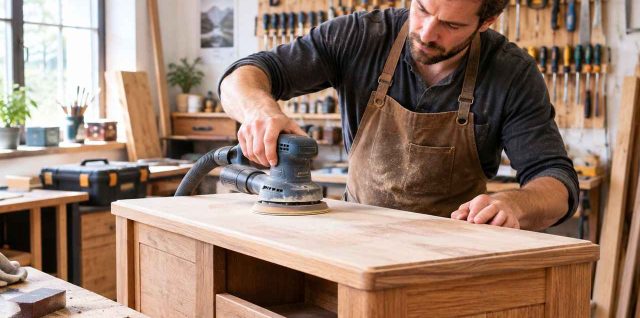 Un artisan au travail, ponçant un meuble en bois dans son atelier, entouré d'outils de bricolage.