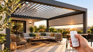 Le brise-soleil orientable d'une pergola bioclimatique permet de moduler la lumière selon l'heure de la journée