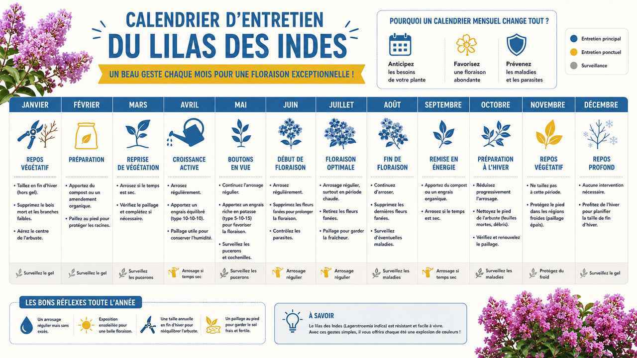 Infographie présentant le calendrier annuel d'entretien du lilas des Indes. Chaque mois est détaillé avec les gestes à réaliser pour assurer une floraison optimale. Un outil pratique pour tous les jardiniers