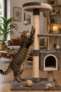 Un chat utilise un griffoir en sisal sur son arbre à chat, illustrant son besoin naturel de griffer