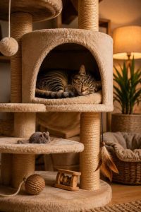 Un chat se repose dans une niche confortable d'un arbre à chat, illustrant son besoin de sécurité