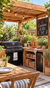 Une cuisine d'été aménagée sous une pergola en bois, avec barbecue et plan de travail extérieur