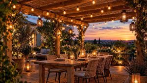 Des guirlandes lumineuses et des lanternes créent une ambiance chaleureuse sous la pergola en soirée