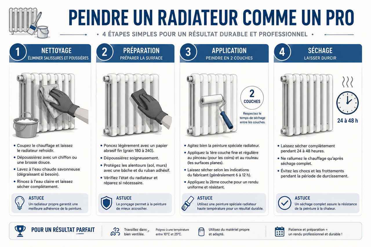 Les 4 étapes essentielles pour peindre un radiateur comme un pro : nettoyage, préparation, application en deux couches et séchage