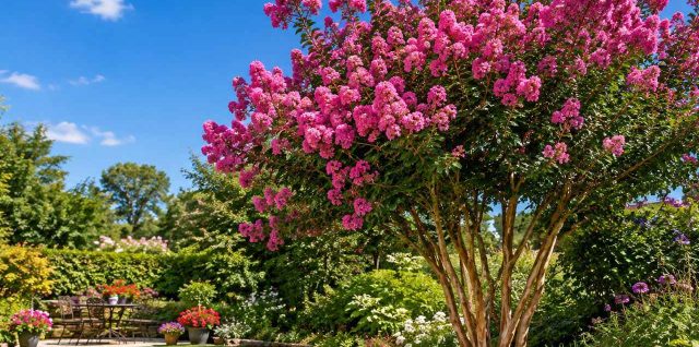 Un magnifique jardin en été, où le lilas des Indes est en pleine floraison, avec ses fleurs vibrantes et son écorce décorative. Le ciel est dégagé, créant un contraste parfait avec les couleurs vives des fleurs