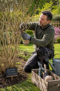 Un jardinier expérimenté effectuant la taille d'un lilas des Indes au début du printemps. Les outils de jardinage sont visibles, illustrant l'importance de la taille pour favoriser la floraison
