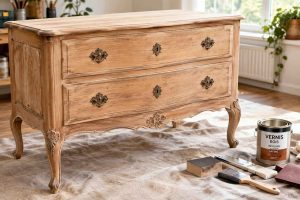 Un meuble ancien en bois, soigneusement poncé, prêt à recevoir sa couche de vernis