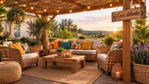 Un coin détente confortable sous la pergola avec du mobilier en rotin et des coussins colorés