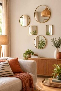 Une composition artistique de petits miroirs sur un mur de salon, apportant rythme et modernité à l'espace