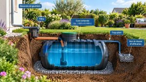 Une cuve enterrée dans un jardin, une solution efficace pour stocker l'eau de pluie