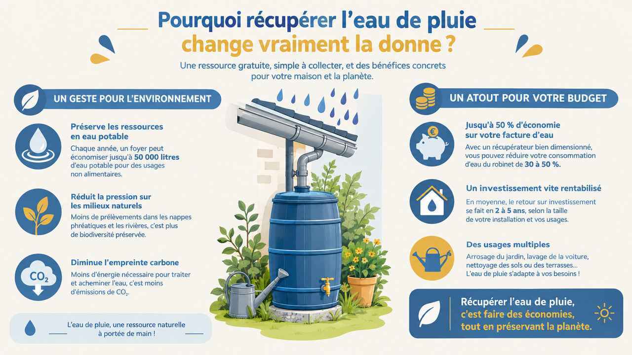 Infographie présentant les avantages écologiques et économiques de la récupération d'eau de pluie