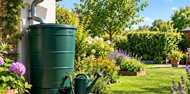Un jardin avec un récupérateur d'eau de pluie, illustrant l'importance de la récupération d'eau de pluie