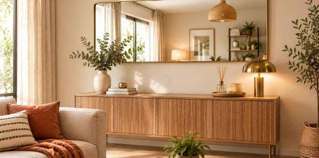 Un miroir horizontal au-dessus d'une console, créant une illusion d'espace dans un salon décoré avec goût