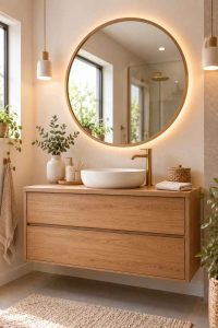 Un miroir rond au-dessus d'un meuble de salle de bain, apportant élégance et fonctionnalité à l'espace