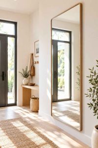 Un grand miroir vertical dans une entrée, capturant la lumière naturelle et agrandissant l'espace